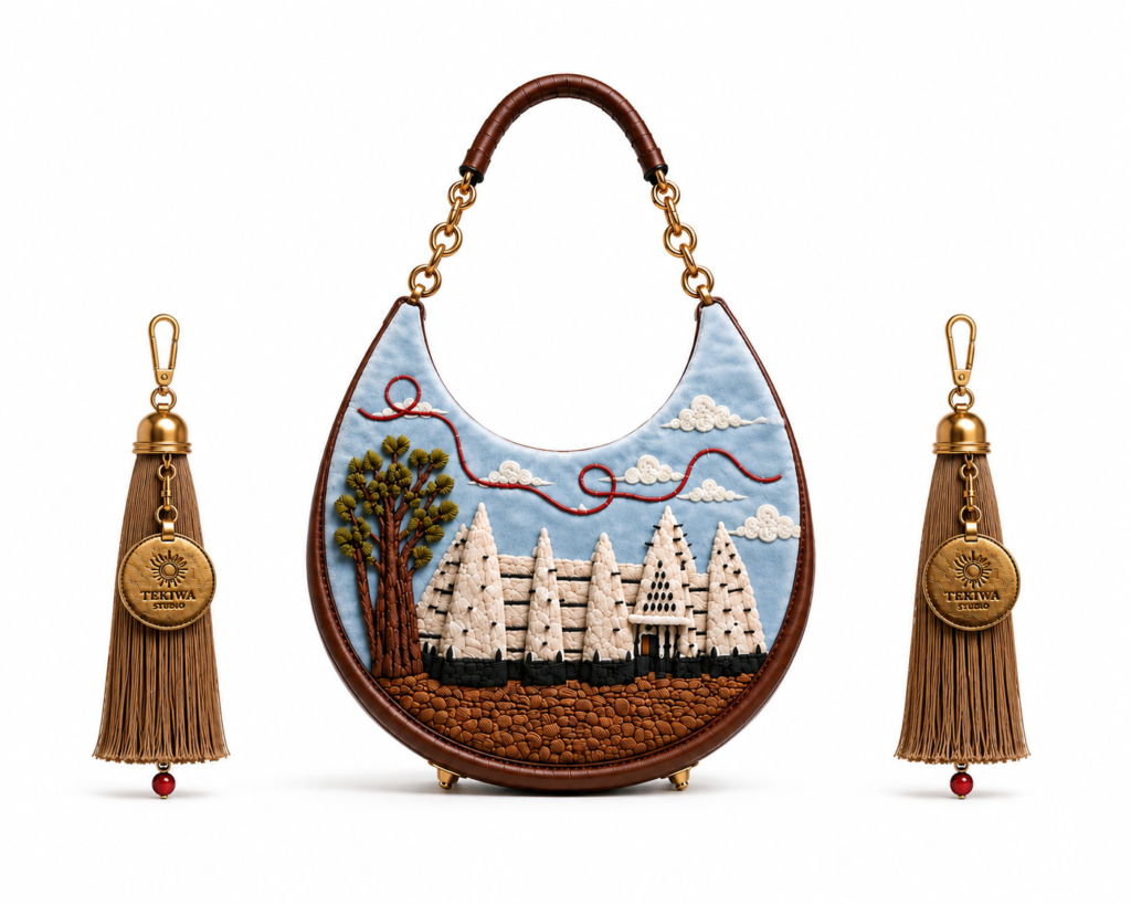 Xhosé sculptural bag front with dimensional architectural artwork and two tassel accessories