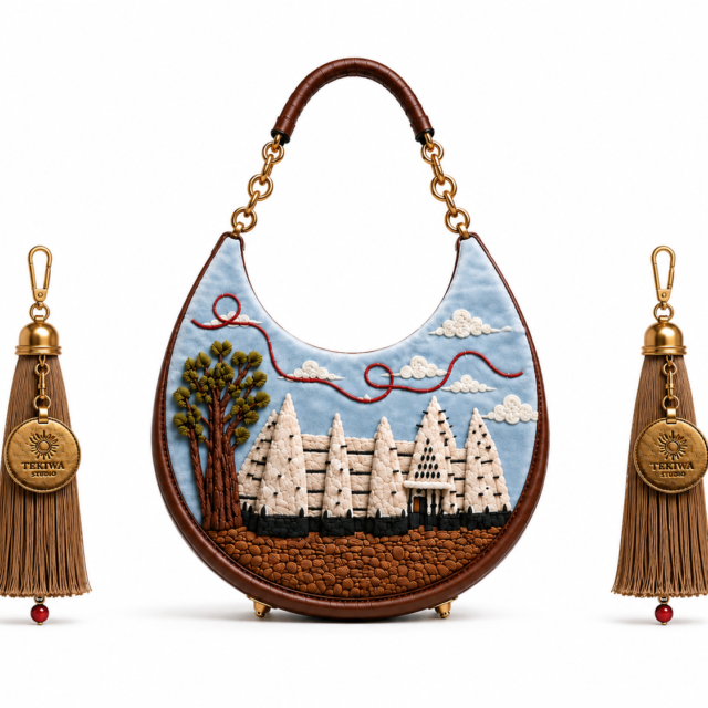Xhosé sculptural bag front with dimensional architectural artwork and two tassel accessories